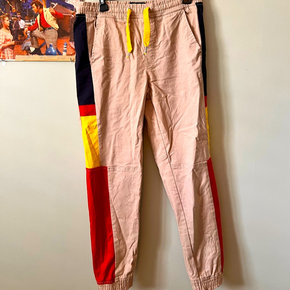 These are some bold colored jogger pants size M